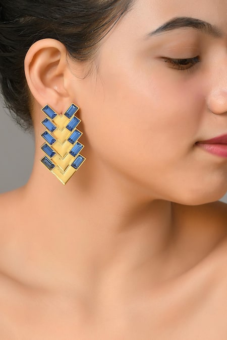 Zeeya Luxury Jewellery Blue Stone Studded Geometric Motif Earrings