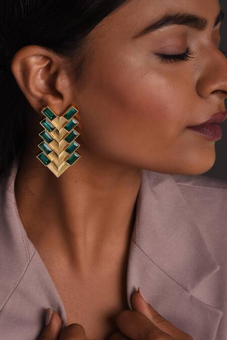 Zeeya Luxury Jewellery Gold Plated Stone Geometric Motif Earrings