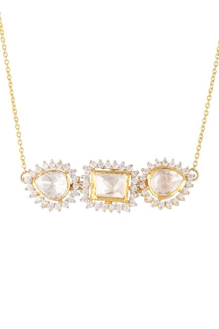 Shop_Zeeya Luxury Jewellery_Gold Plated Semi Precious Stones Teardrop Geometric Necklace_at_Aza_Fashions