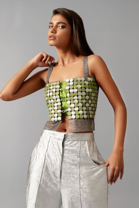 Devina Juneja Green Cotton Satin Sequins Square Neck Camouflage Circle Vest 