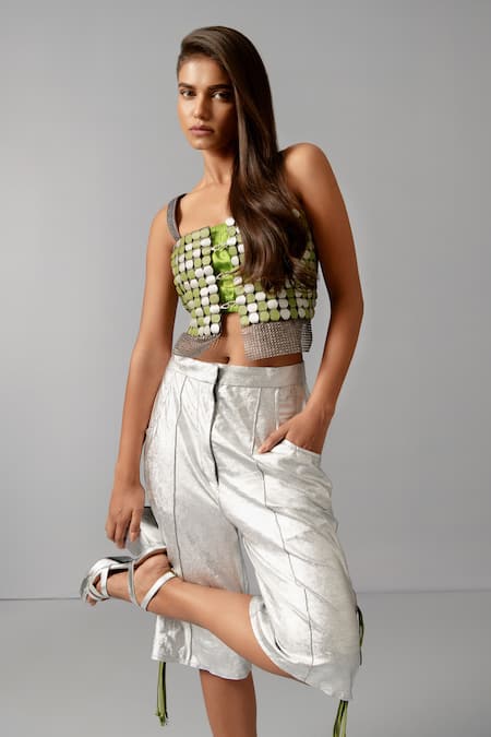 Devina Juneja_Green Cotton Satin Sequins Square Neck Camouflage Circle Vest _Online_at_Aza_Fashions