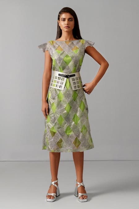 Shop Devina Juneja Green Tulle Sequins Round Neck Camouflage Cap Sleeve Midi Dress With Belt at Aza Fashions Shop_Devina Juneja_Green Tulle Sequins Round Neck Camouflage Cap Sleeve Midi Dress With Belt _at_Aza_Fashions