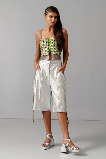 Devina Juneja White Korean Lycra Plain Tasselled Bermudas  