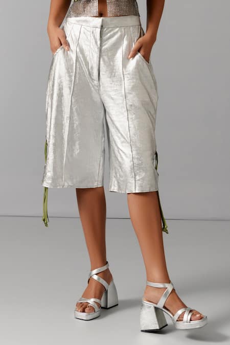 Devina Juneja White Korean Lycra Plain Tasselled Bermudas Online at Aza Fashions Devina Juneja_White Korean Lycra Plain Tasselled Bermudas _Online_at_Aza_Fashions