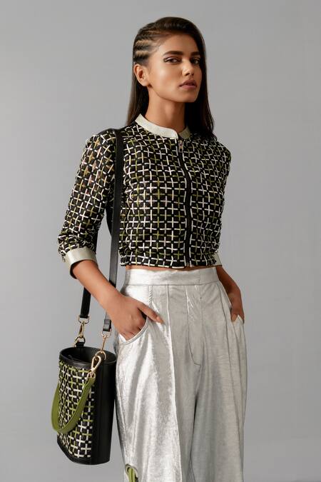 Devina Juneja_Black Crepe, Tulle Bandeau Neck Checkered Pattern Woven Bomber Jacket _Online_at_Aza_Fashions