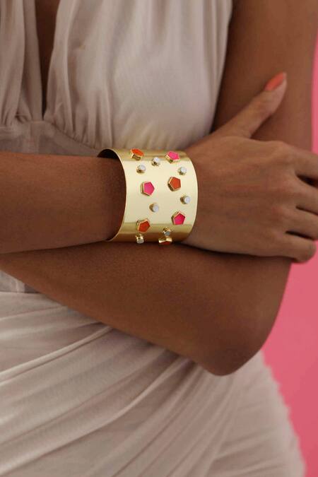 Varnika Arora_Gold Plated Embroidery, Pearls Glory Embellished Bangle _Online_at_Aza_Fashions