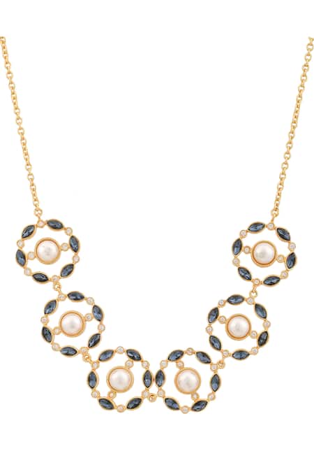 Shop_Zeeya Luxury Jewellery_Blue Stone Floral Motif Necklace_at_Aza_Fashions