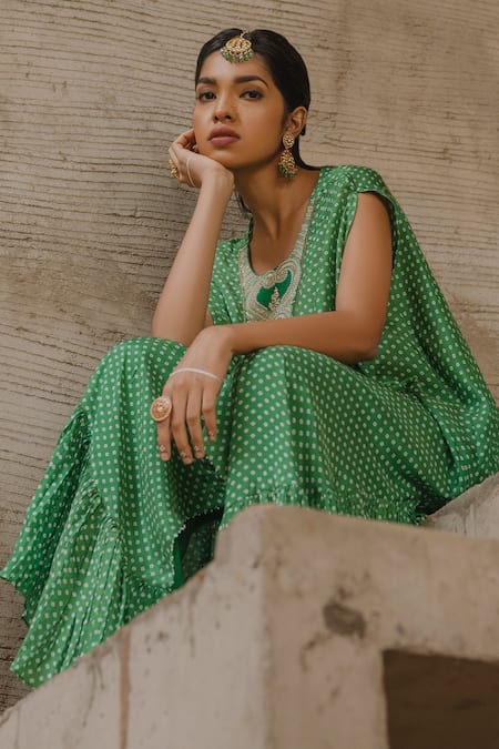 Tussah By Siddhi Shah_Green Spun Silk Bandhej Round Pattern Kaftan With Pant  _Online_at_Aza_Fashions