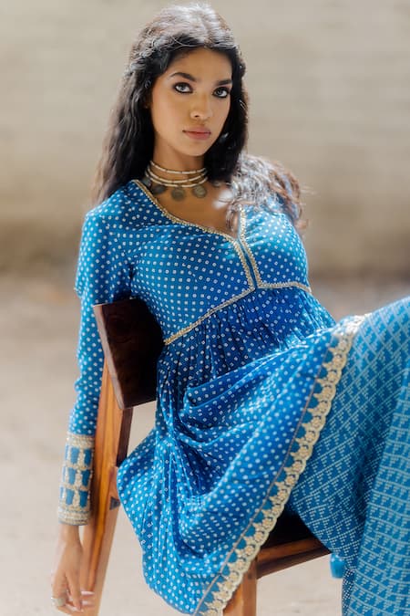 Shop_Tussah By Siddhi Shah_Blue Spandex, Silk Embroidery V-neck Bandhej Pattern Short Anarkali With Sharara _Online_at_Aza_Fashions