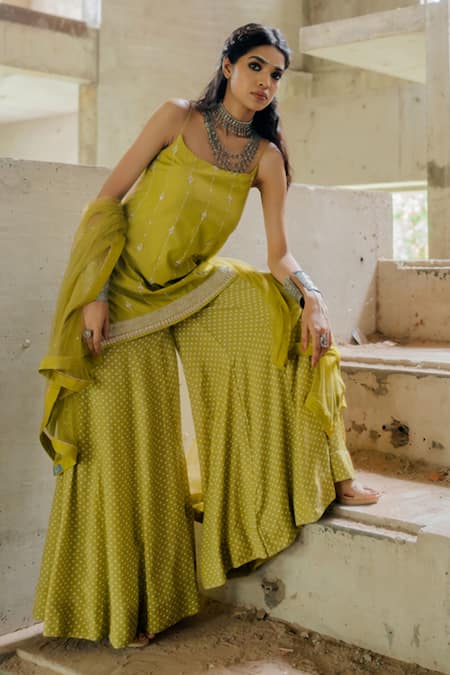 Buy_Tussah By Siddhi Shah_Green Kurta And Sharara Spun Silk Sequin Embroidered Strappy Set  _Online_at_Aza_Fashions