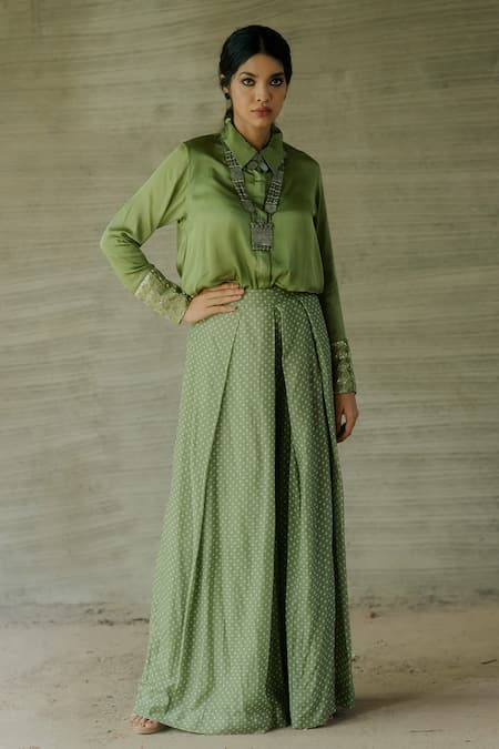 Tussah by Siddhi Shah Green Top Modal Silk Sequin Embroidered Cuff Sleeve With Pant  