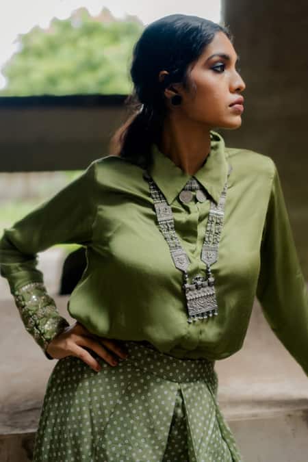 Tussah By Siddhi Shah_Green Top Modal Silk Sequin Embroidered Cuff Sleeve With Pant  _Online_at_Aza_Fashions