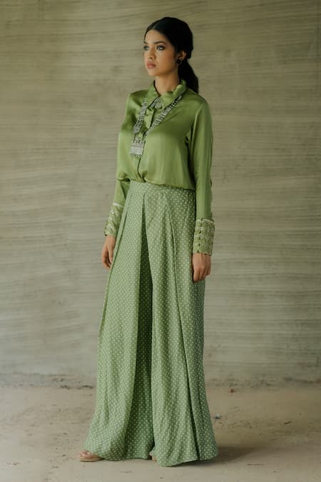 Shop_Tussah By Siddhi Shah_Green Top Modal Silk Sequin Embroidered Cuff Sleeve With Pant  _Online_at_Aza_Fashions