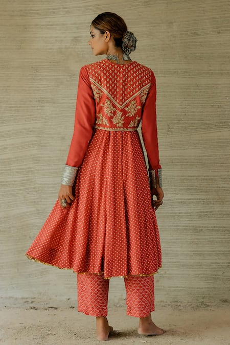 Tussah By Siddhi Shah Raw Silk Floral Embroidered Jacket Anarkali Set 