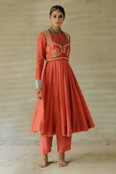 Buy Tussah By Siddhi Shah Red Anarkali And Pant Spun Silk Printed Raw Floral Embroidered Set Online at Aza Fashions Buy_Tussah By Siddhi Shah_Red Anarkali And Pant Spun Silk Printed Raw Floral Embroidered Set _Online_at_Aza_Fashions