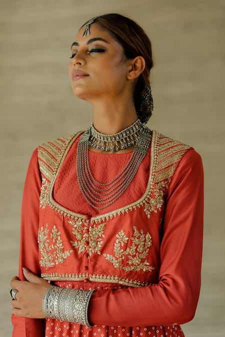 Tussah By Siddhi Shah Red Anarkali And Pant Spun Silk Printed Raw Floral Embroidered Set at Aza Fashions Tussah By Siddhi Shah_Red Anarkali And Pant Spun Silk Printed Raw Floral Embroidered Set _at_Aza_Fashions