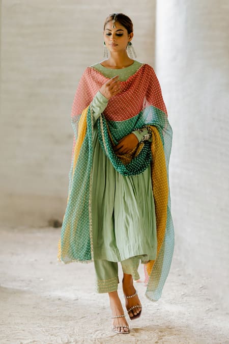 Tussah By Siddhi Shah_Green Anarkali And Pant Spun Silk Printed Set With Organza Dupatta  _Online_at_Aza_Fashions