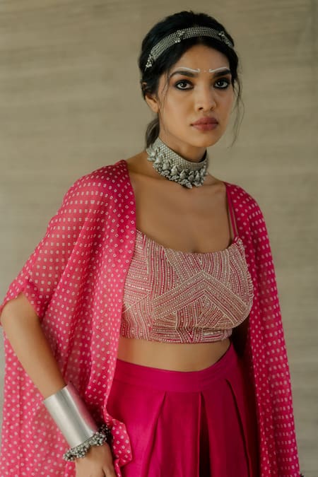 Buy_Tussah By Siddhi Shah_Pink Spun Silk Printed Bandhej Cape Open Pant Set  _Online_at_Aza_Fashions