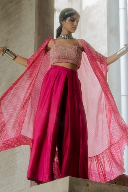 Shop_Tussah By Siddhi Shah_Pink Spun Silk Printed Bandhej Cape Open Pant Set  _Online_at_Aza_Fashions