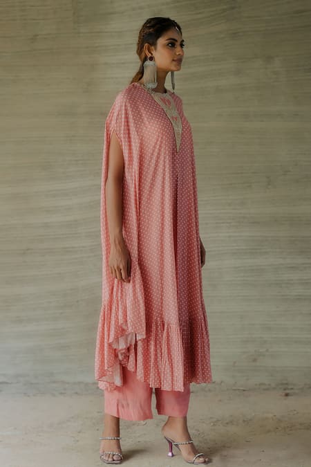 Tussah By Siddhi Shah Pink Spun Silk Printed Peral Embroidered Bodice Kaftan With Pant Online at Aza Fashions Tussah By Siddhi Shah_Pink Spun Silk Printed Peral Embroidered Bodice Kaftan With Pant _Online_at_Aza_Fashions