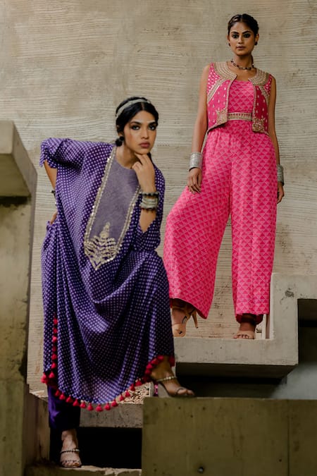 Tussah By Siddhi Shah_Purple Spun Silk Printed Bandhej Patterned Flared Kaftan With Pant  _Online_at_Aza_Fashions