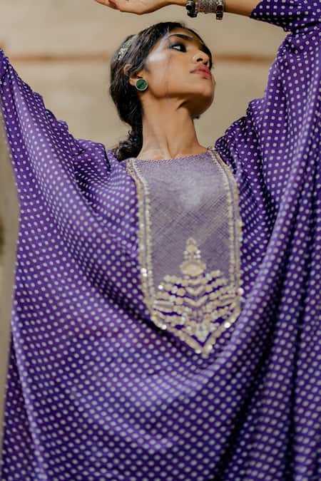 Buy_Tussah By Siddhi Shah_Purple Spun Silk Printed Bandhej Patterned Flared Kaftan With Pant  _Online_at_Aza_Fashions