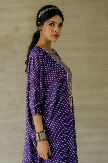 Shop_Tussah By Siddhi Shah_Purple Spun Silk Printed Bandhej Patterned Flared Kaftan With Pant  _Online_at_Aza_Fashions