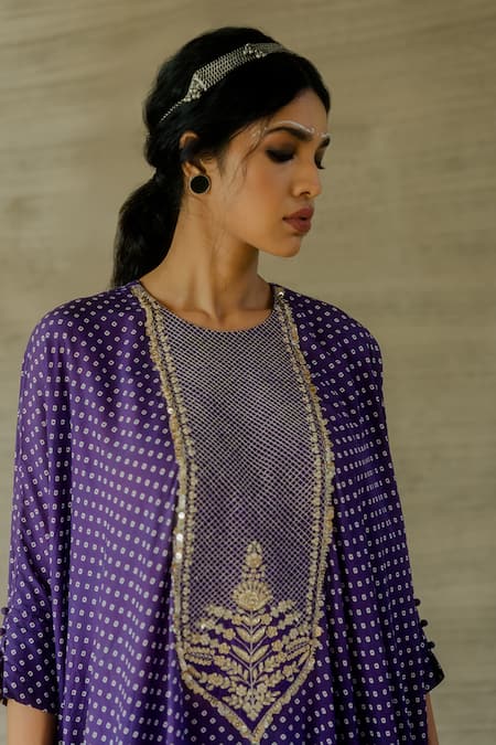 Tussah By Siddhi Shah_Purple Spun Silk Printed Bandhej Patterned Flared Kaftan With Pant  _at_Aza_Fashions