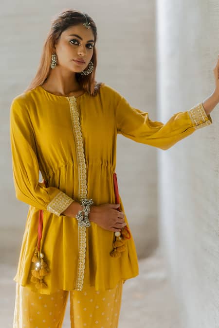 Buy_Tussah By Siddhi Shah_Yellow Spun Silk Embroidered Bandhej Placed Sequin Tunic With Pant  _Online_at_Aza_Fashions