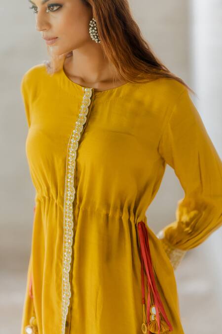 Shop_Tussah By Siddhi Shah_Yellow Spun Silk Embroidered Bandhej Placed Sequin Tunic With Pant  _Online_at_Aza_Fashions