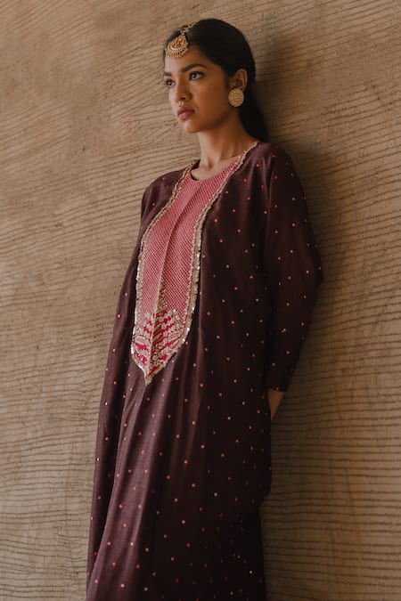 Tussah By Siddhi Shah_Brown Spun Silk Embroidered Sequin Pearl Bodice Kaftan With Pant  _Online_at_Aza_Fashions