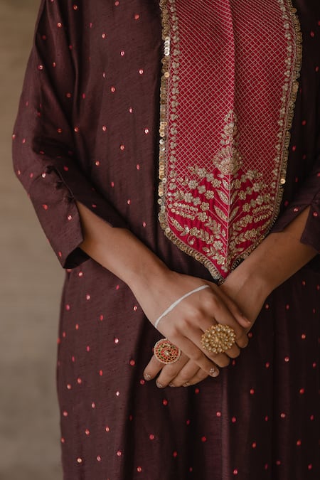 Buy_Tussah By Siddhi Shah_Brown Spun Silk Embroidered Sequin Pearl Bodice Kaftan With Pant  _Online_at_Aza_Fashions