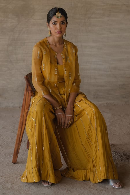 Buy_Tussah By Siddhi Shah_Yellow Kurta And Sharara Spun Silk Embroidered Sequin Floral Set  _Online_at_Aza_Fashions