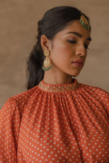 Buy_Tussah By Siddhi Shah_Orange Spun Silk Embroidered Bandhej Patterned Belted Tunic With Pant  _Online_at_Aza_Fashions