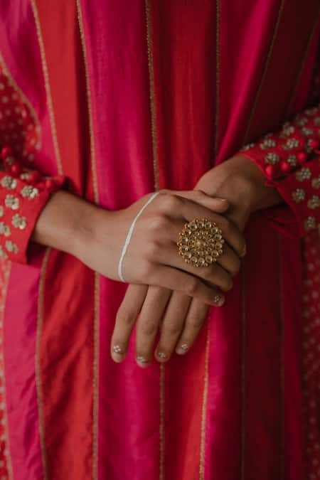 Tussah By Siddhi Shah_Pink Spun Silk Embroidered Panelled Bandhej Pattern Kaftan With Pant  _Online_at_Aza_Fashions