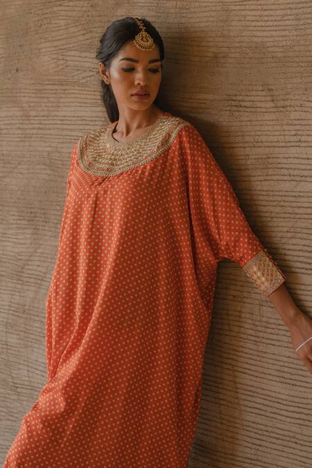 Buy_Tussah By Siddhi Shah_Orange Spandex Embroidery, Sequins Round Neck Bandhej Flared Kaftan And Pant _Online_at_Aza_Fashions