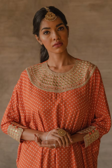 Shop_Tussah By Siddhi Shah_Orange Spandex Embroidery, Sequins Round Neck Bandhej Flared Kaftan And Pant _Online_at_Aza_Fashions