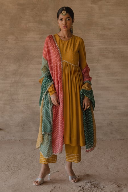 Tussah By Siddhi Shah_Yellow Anarkali And Pant Spun Silk Sequin Embroidered Yoke Set  _Online_at_Aza_Fashions