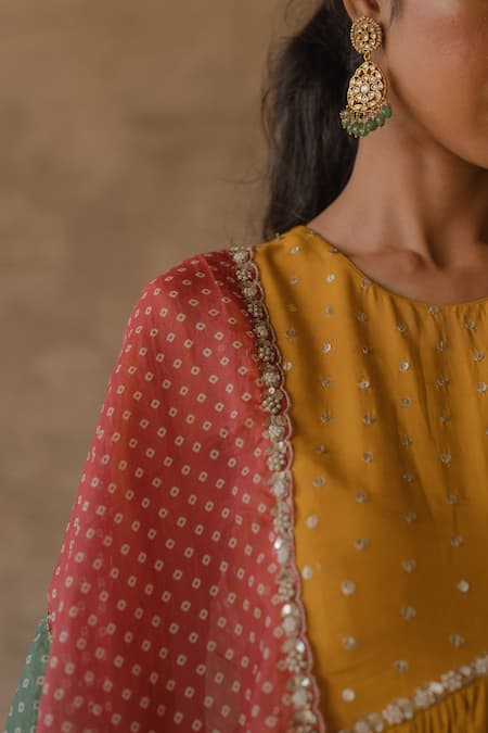 Buy_Tussah By Siddhi Shah_Yellow Anarkali And Pant Spun Silk Sequin Embroidered Yoke Set  _Online_at_Aza_Fashions