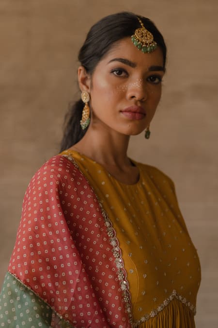 Shop_Tussah By Siddhi Shah_Yellow Anarkali And Pant Spun Silk Sequin Embroidered Yoke Set  _Online_at_Aza_Fashions