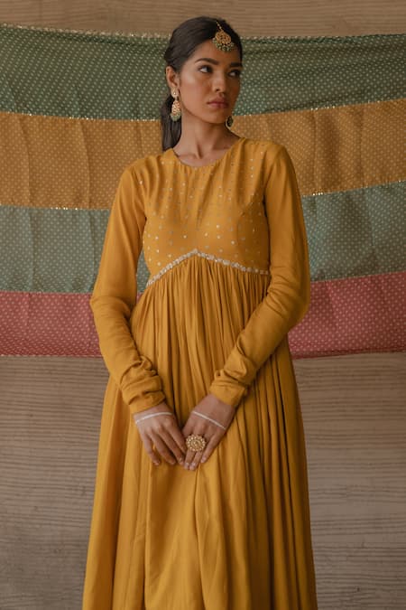 Tussah By Siddhi Shah_Yellow Anarkali And Pant Spun Silk Sequin Embroidered Yoke Set  _at_Aza_Fashions