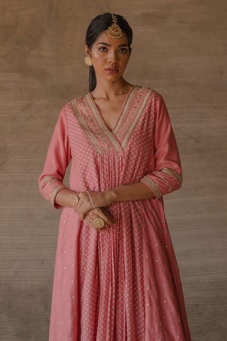 Tussah By Siddhi Shah_Pink Silk Sequins, Embroidery V-neck Bandhej Pattern Panelled Anarkali With Pant _Online_at_Aza_Fashions