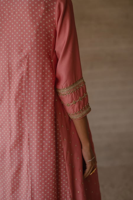 Shop_Tussah By Siddhi Shah_Pink Silk Sequins, Embroidery V-neck Bandhej Pattern Panelled Anarkali With Pant _Online_at_Aza_Fashions