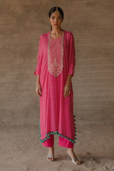 Tussah by Siddhi Shah Pink Spun Silk Printed Sequin Embroidered Bodice Kaftan With Pant  