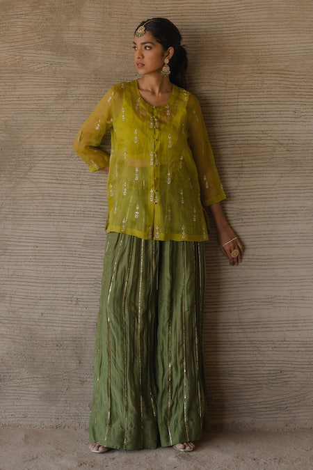 Tussah by Siddhi Shah Green Kurta And Sharara Spun Silk Embroidered Sequin Floral Set  