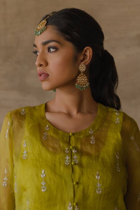 Tussah By Siddhi Shah_Green Kurta And Sharara Spun Silk Embroidered Sequin Floral Set  _Online_at_Aza_Fashions