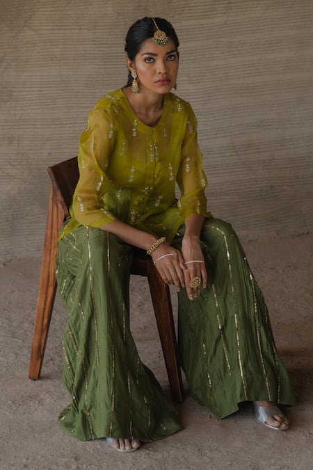Buy_Tussah By Siddhi Shah_Green Kurta And Sharara Spun Silk Embroidered Sequin Floral Set  _Online_at_Aza_Fashions