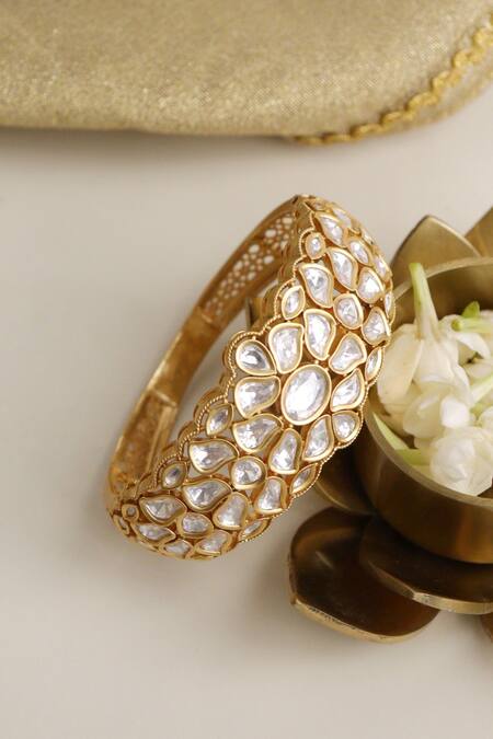Shop Curio Cottage Gold Plated Kundan Carved Kada at Aza Fashions Shop_Curio Cottage_Gold Plated Kundan Carved Kada_at_Aza_Fashions