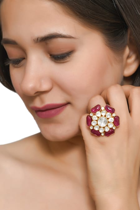 Zeeya Luxury Jewellery Gold Plated Kundans Floral Motif Ring