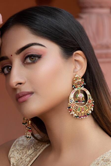 Buy Curio Cottage Gold Plated Semi Precious Stones And Pearl Embellished Jadau Chandbalis at Aza Fashions Buy_Curio Cottage_Gold Plated Semi Precious Stones And Pearl Embellished Jadau Chandbalis_at_Aza_Fashions